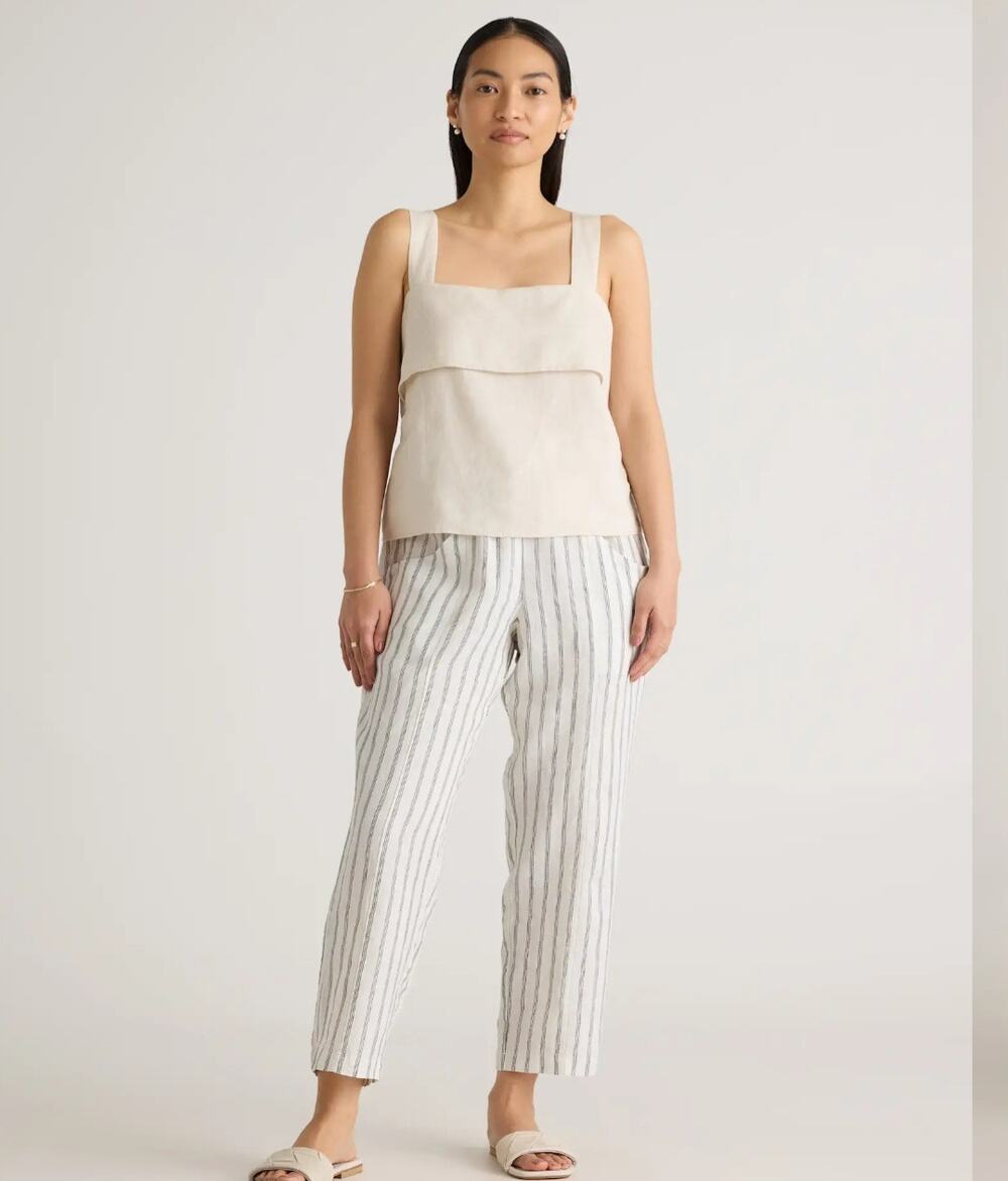 Quince Old Money 100% European Linen Striped Pants - Size Small cream/black